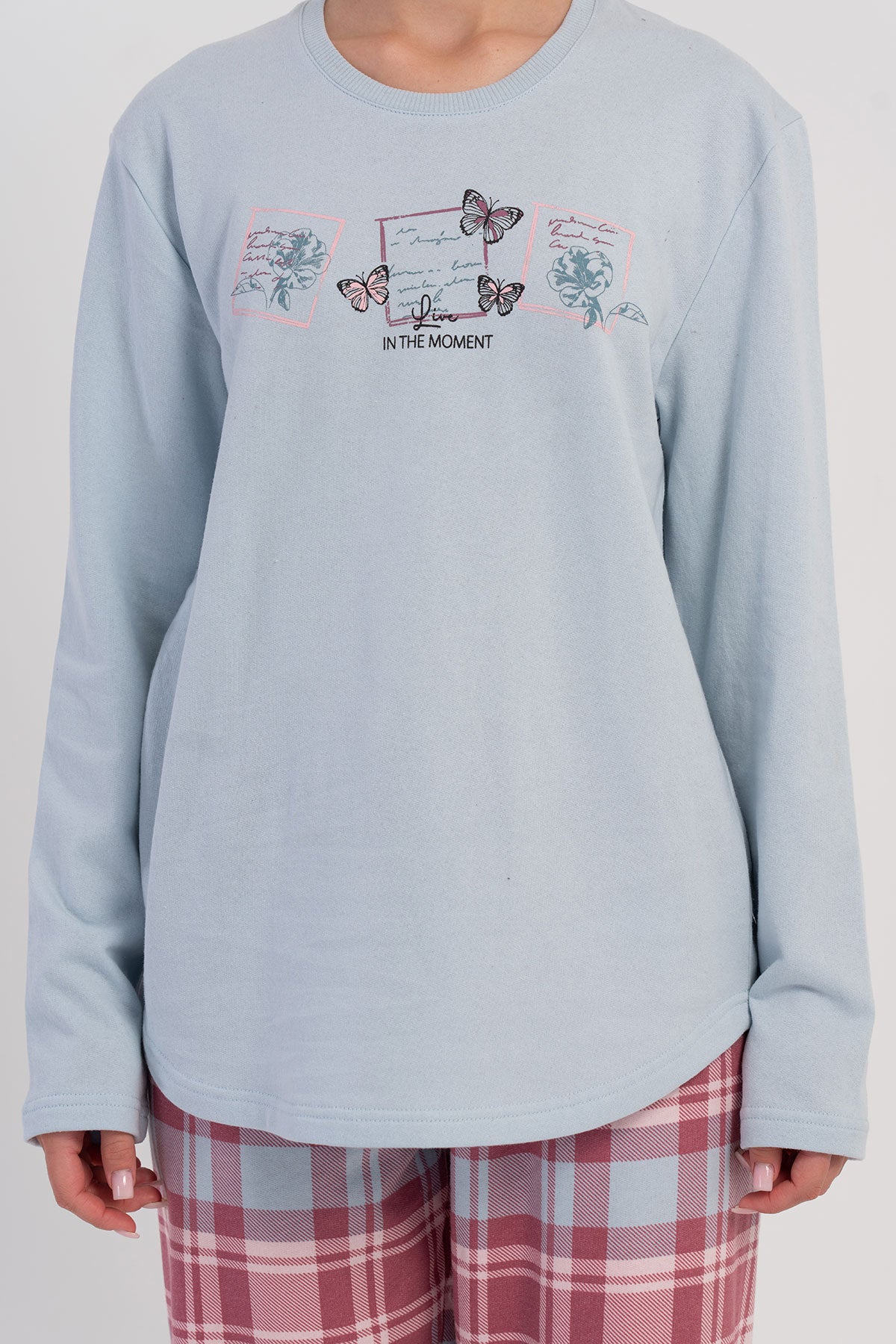 Set de pijama din două piese, damă, guler la baza gâtului, mânecă lungă, tiv oval - ALBASTRU