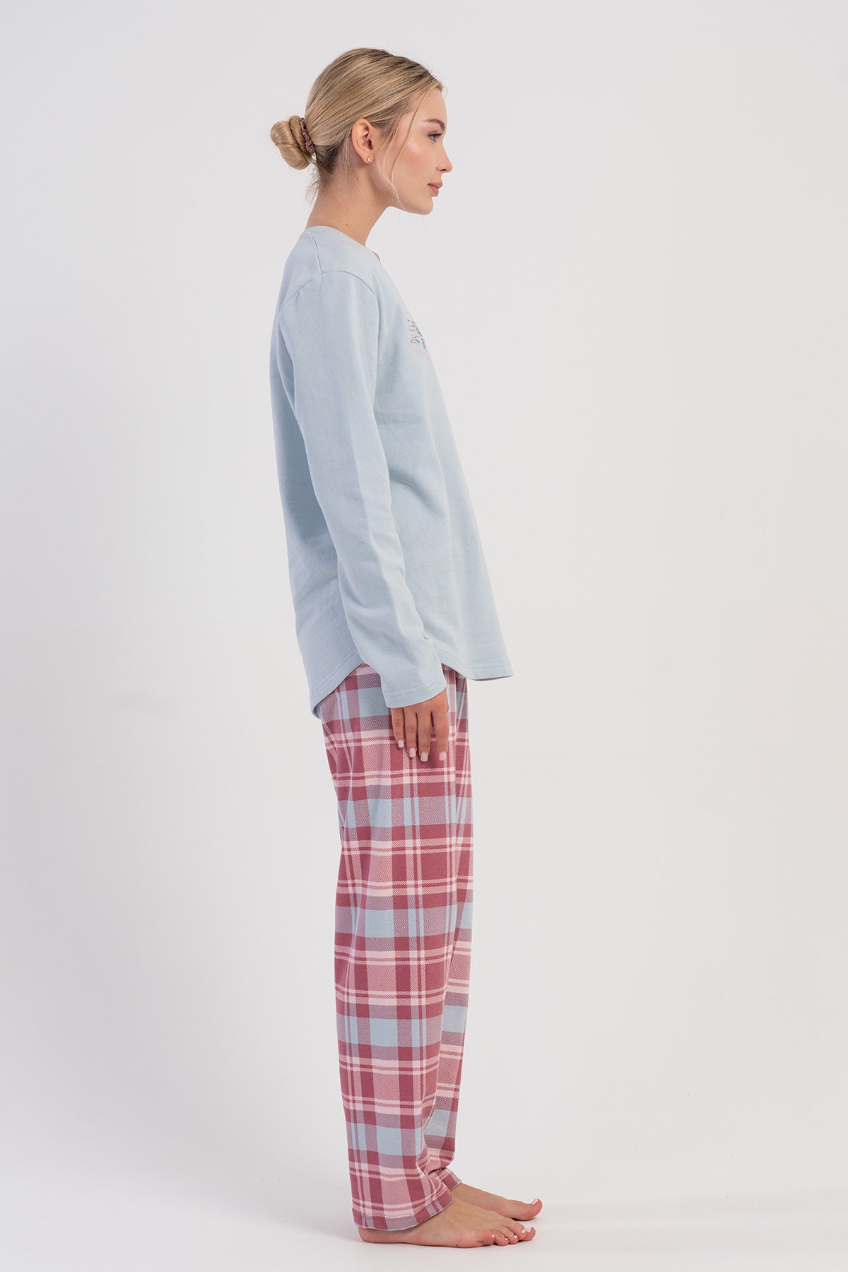 Set de pijama din două piese, damă, guler la baza gâtului, mânecă lungă, tiv oval - ALBASTRU
