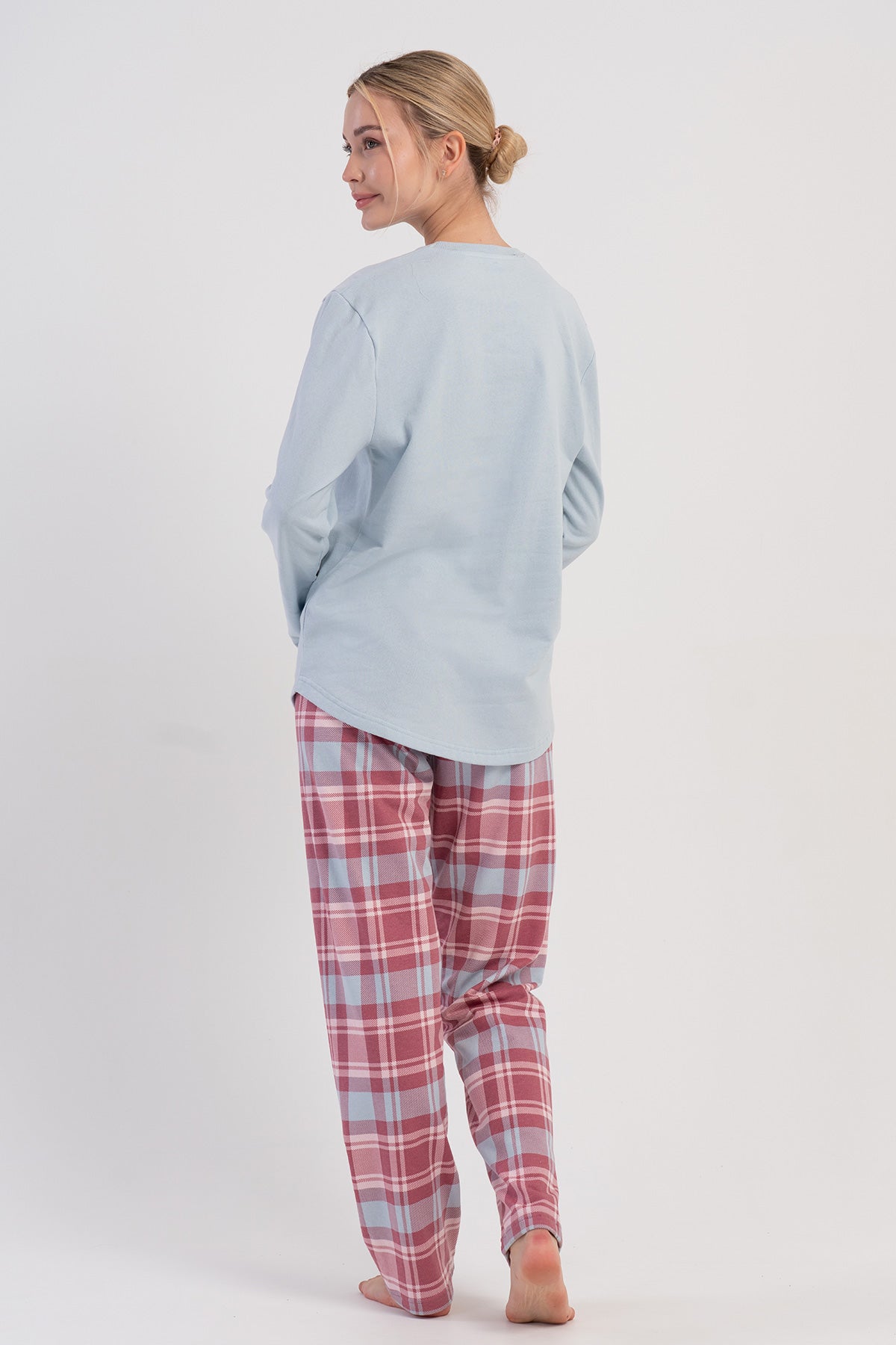 Set de pijama din două piese, damă, guler la baza gâtului, mânecă lungă, tiv oval - ALBASTRU