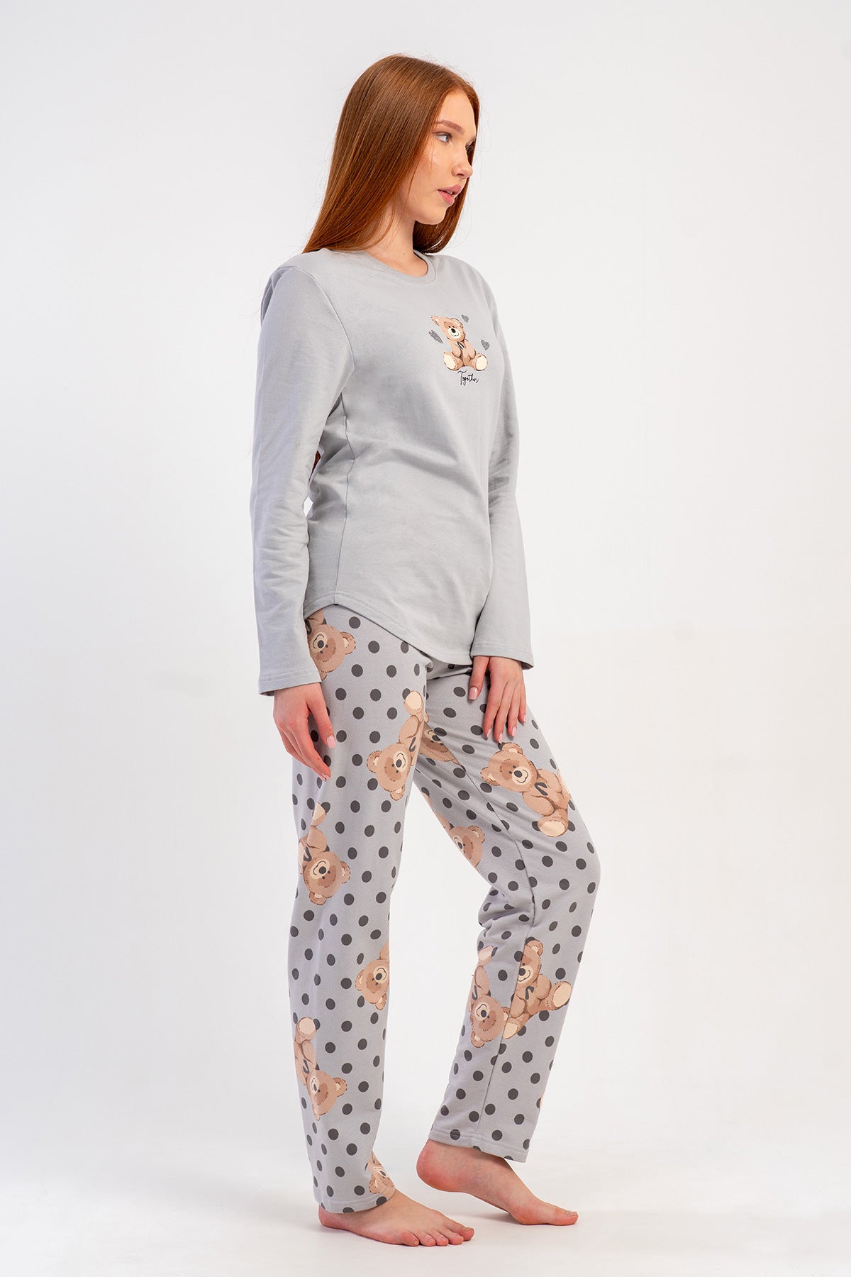 PIJAMA DAMĂ, DINDOU CU DOUĂ FIRE, GÂT ROTUND, MÂNECĂ LUNGĂ, TIV OVAL - GRI