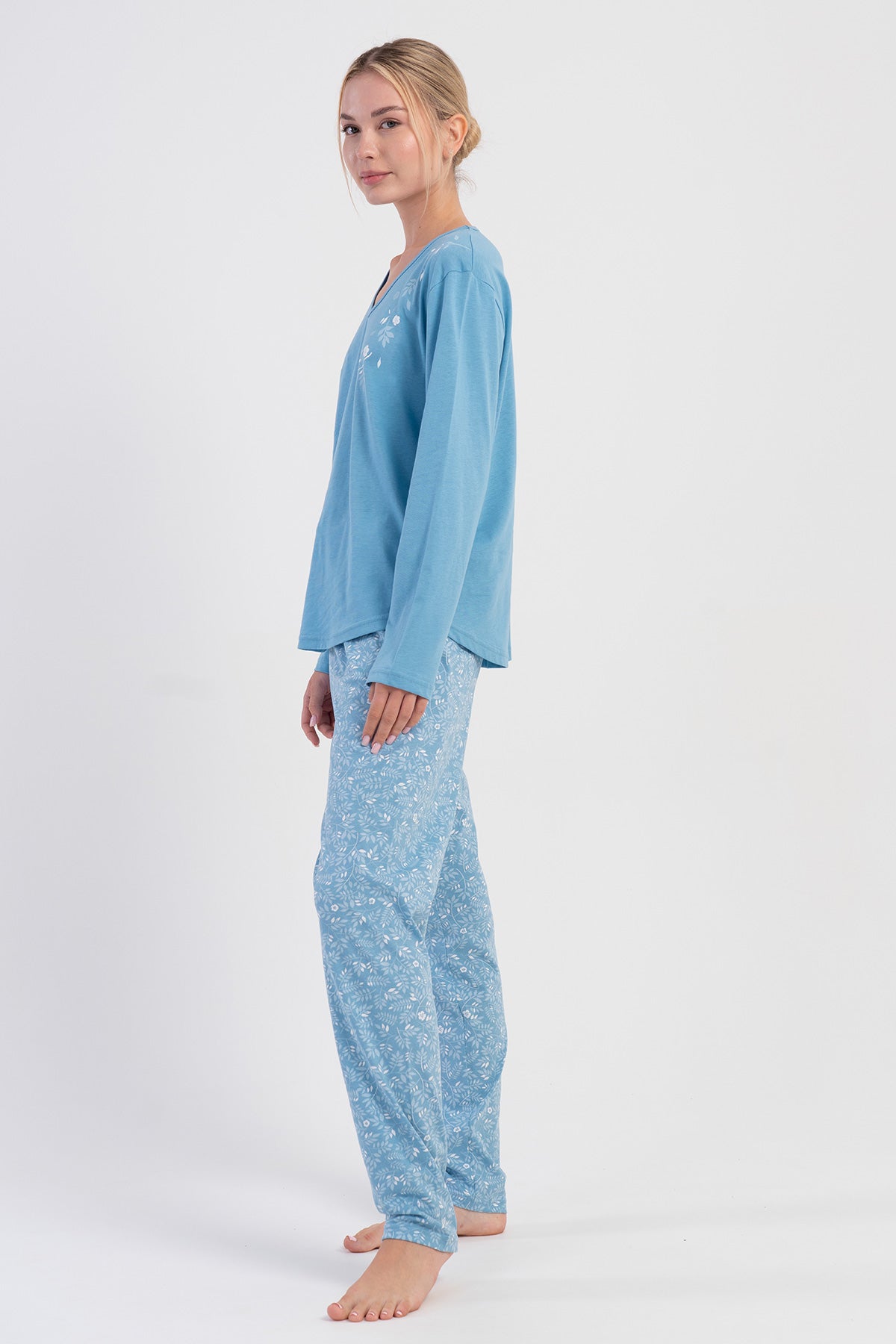 Kadın Penye Süprem Xxl V Yaka Uzun Kol Eteği Oval Pijama Takım - Mavi