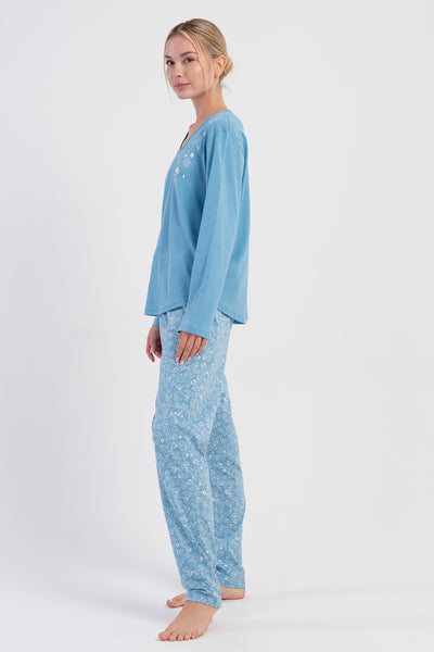 Kadın Penye Süprem Xxl V Yaka Uzun Kol Eteği Oval Pijama Takım - Mavi