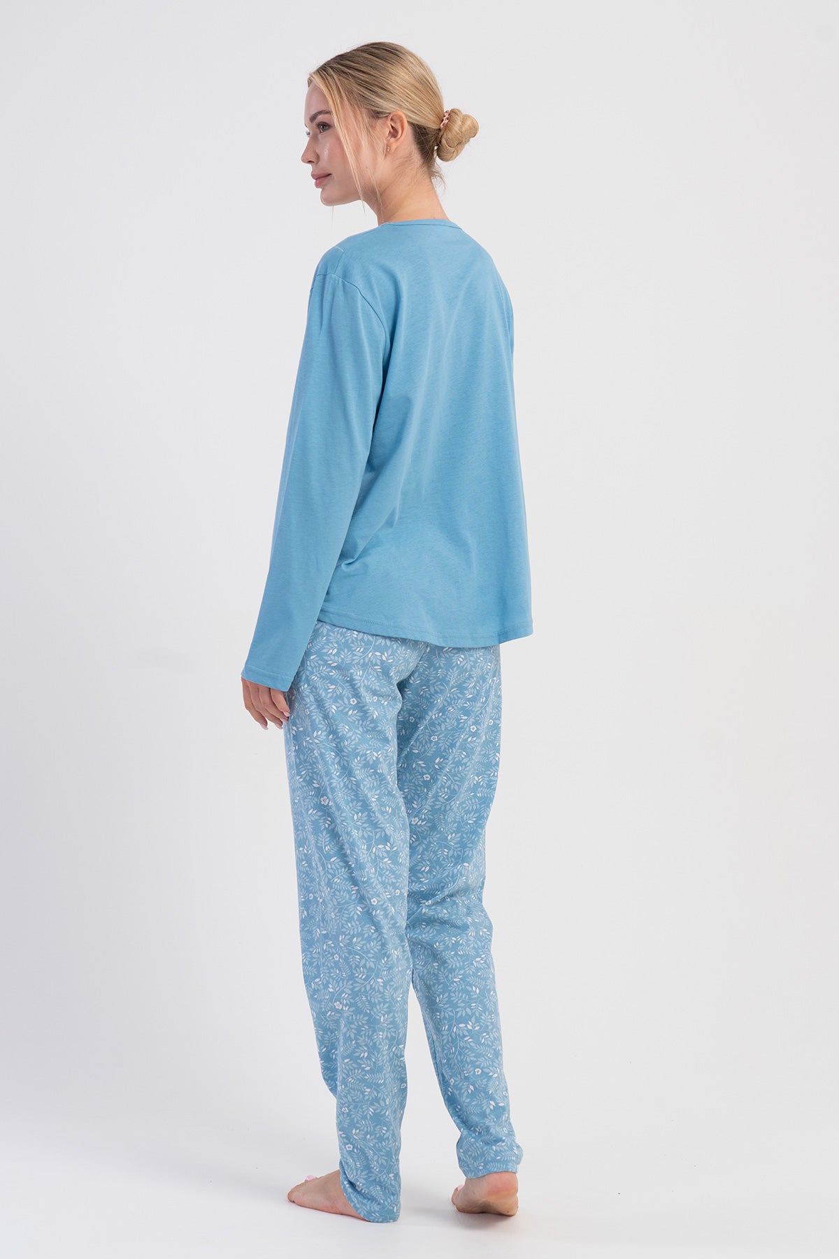 Kadın Penye Süprem Xxl V Yaka Uzun Kol Eteği Oval Pijama Takım - Mavi