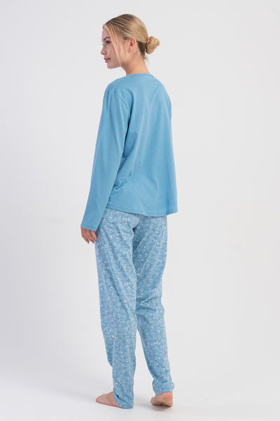 Kadın Penye Süprem Xxl V Yaka Uzun Kol Eteği Oval Pijama Takım - Mavi