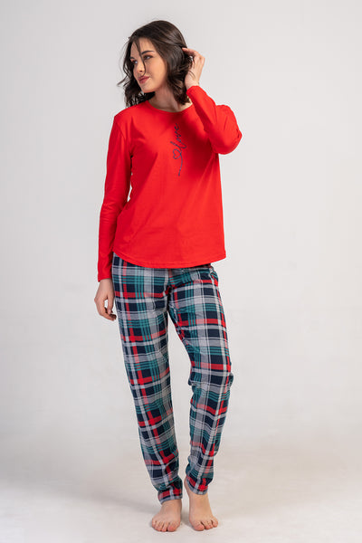 SET DE PIJAMA OVALĂ CU FUSTĂ ȘI MÂNECĂ LUNGĂ LYC SUPREM PENTRU DAMĂ - ROȘU NOU