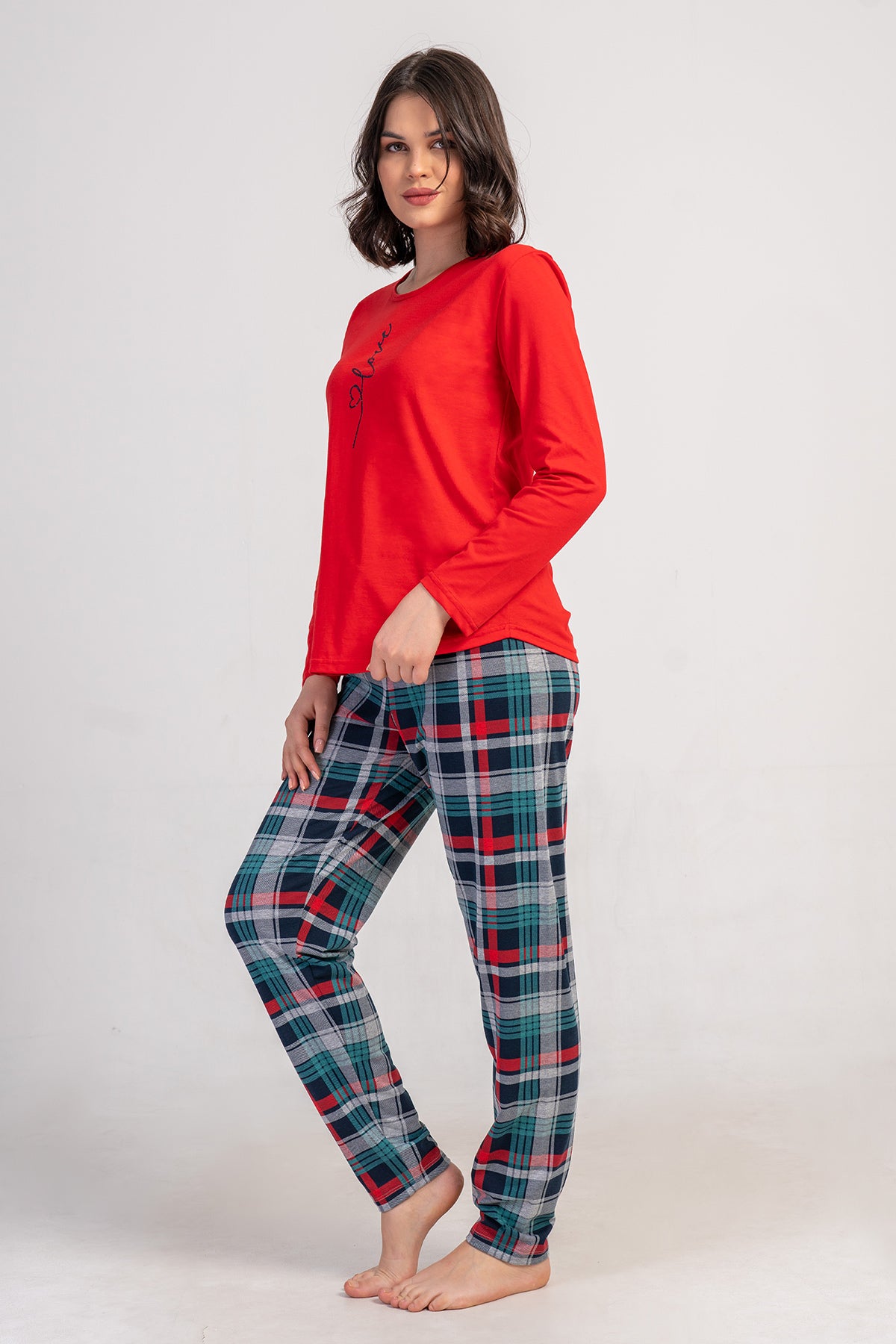 SET DE PIJAMA OVALĂ CU FUSTĂ ȘI MÂNECĂ LUNGĂ LYC SUPREM PENTRU DAMĂ - ROȘU NOU