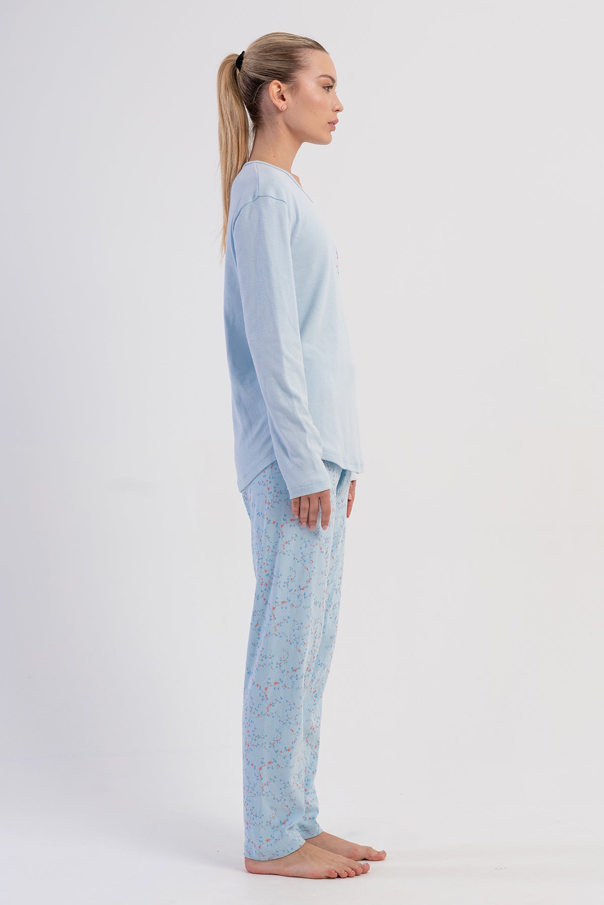 Pijama damă cu mânecă lungă, decolteu oval, tiv oval, cu interlok - ALBASTRU ÎNCHIS
