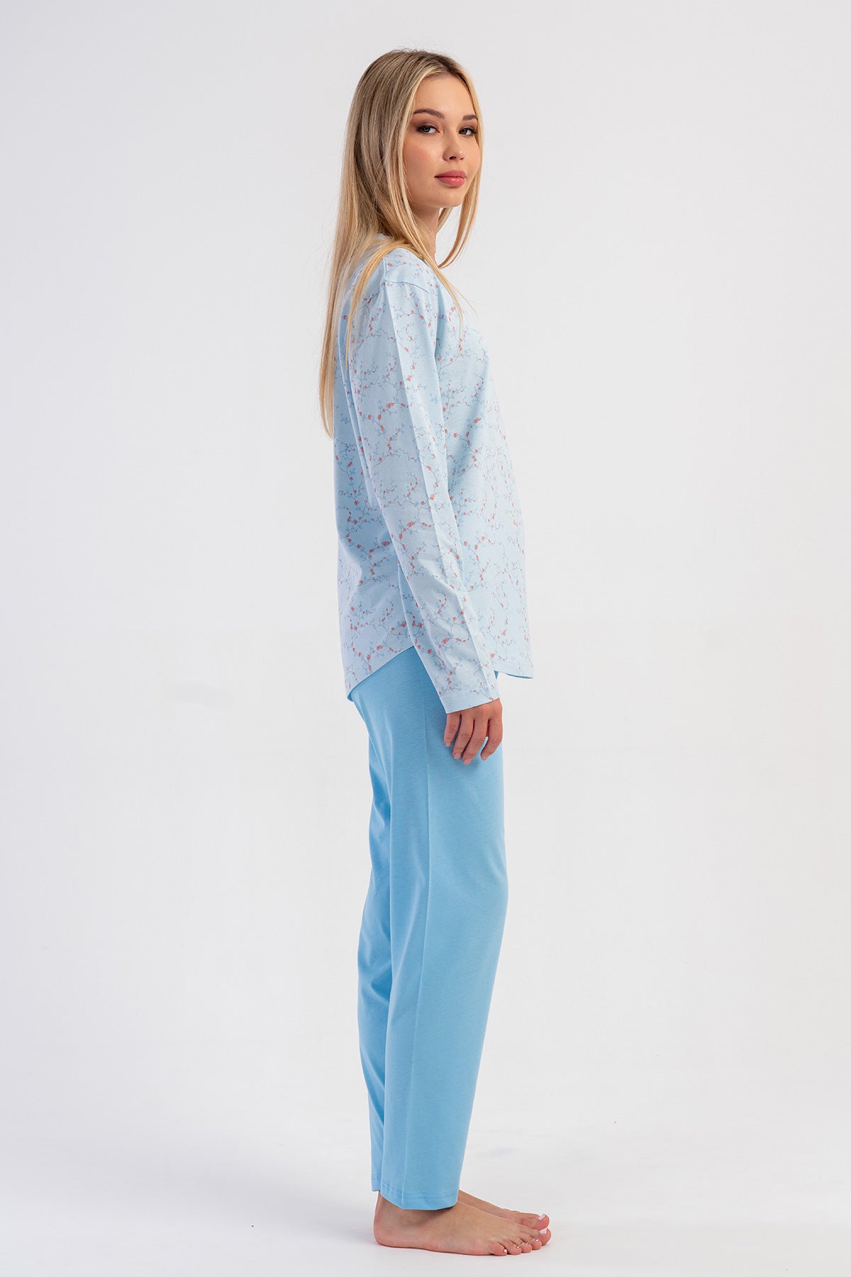 SET PIJAMA DAMA P.SUPREM DECOLTEU ROTUND MÂNECĂ LUNGĂ CU TIV OVAL - ALBASTRU