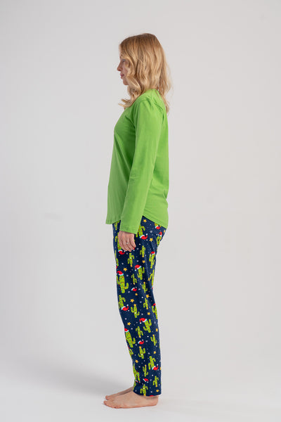 Pijama damă cu mânecă lungă, guler rotund și tiv oval P.SUPREM - VERDE ÎNCHIS