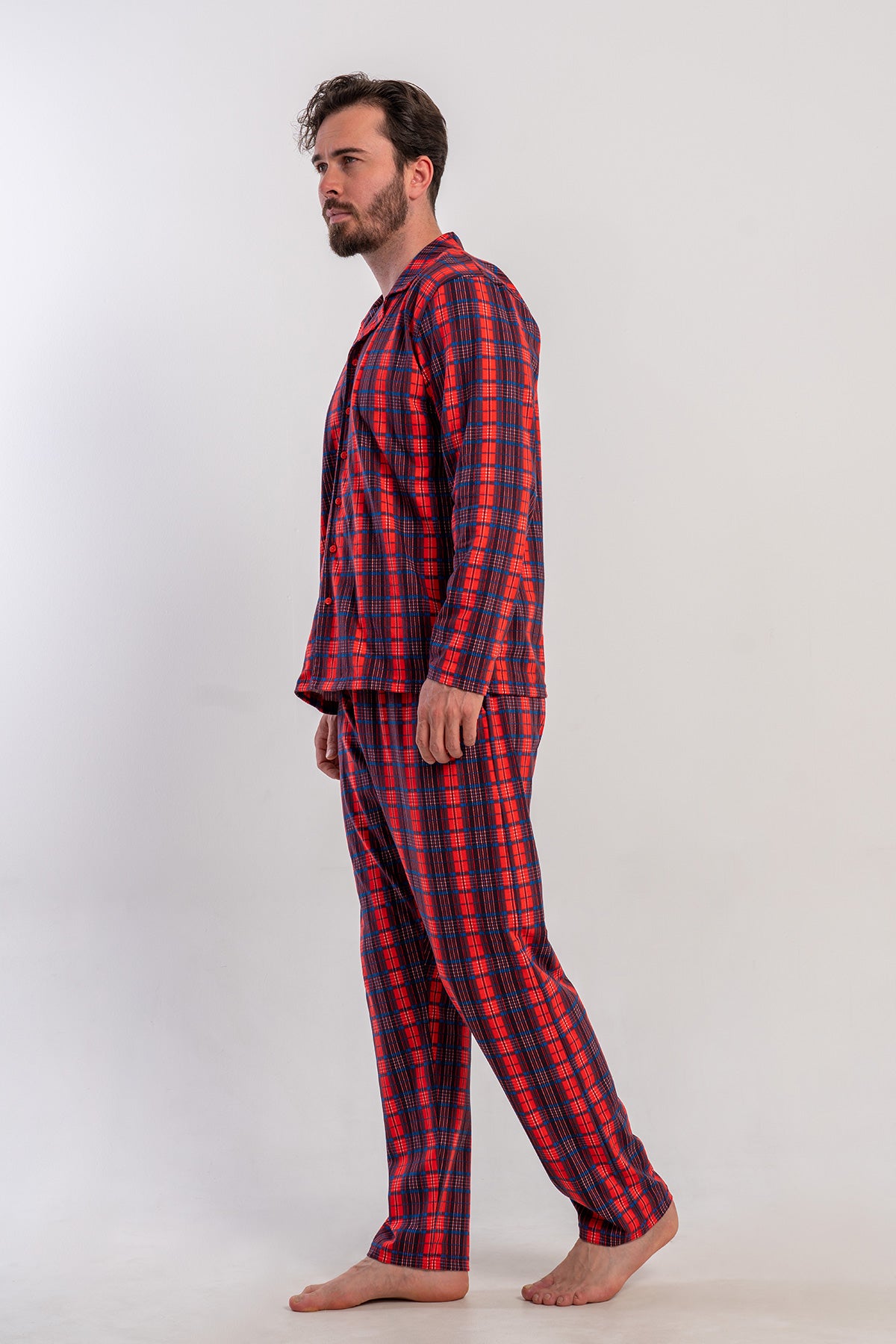 Pijama bărbătească lungă de la P.SUPREM, cu guler cămașă și închidere completă cu nasturi, cu buzunar - BORDO