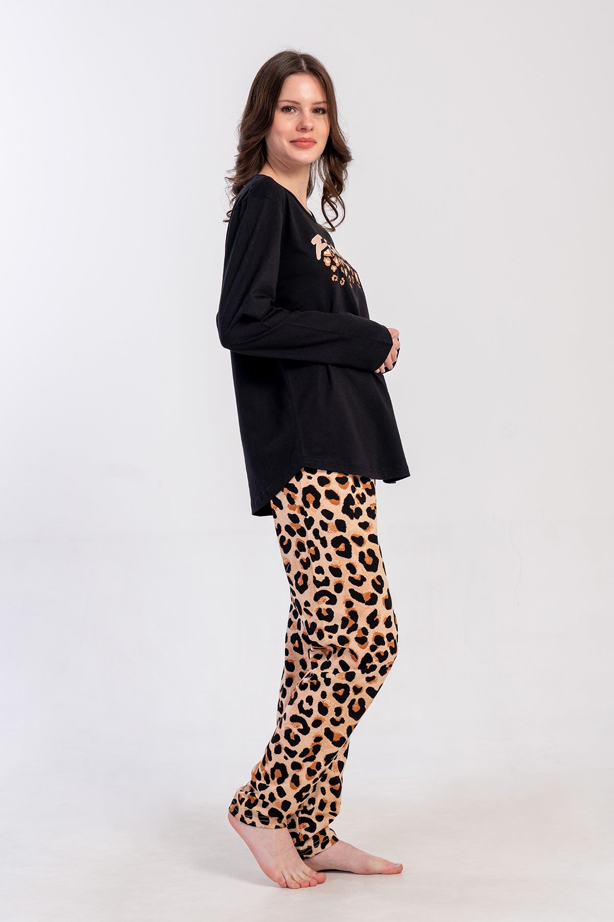 SET PIJAMALE FEMEI P.SUPREM BATTAL XXL GULER GÂT ROTUND MÂNECĂ LUNGĂ TIV OVAL - NEGRU