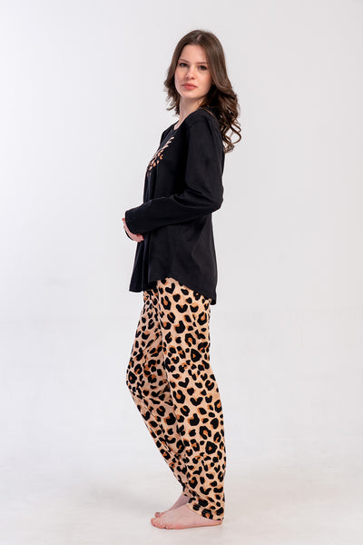SET PIJAMALE FEMEI P.SUPREM BATTAL XXL GULER GÂT ROTUND MÂNECĂ LUNGĂ TIV OVAL - NEGRU