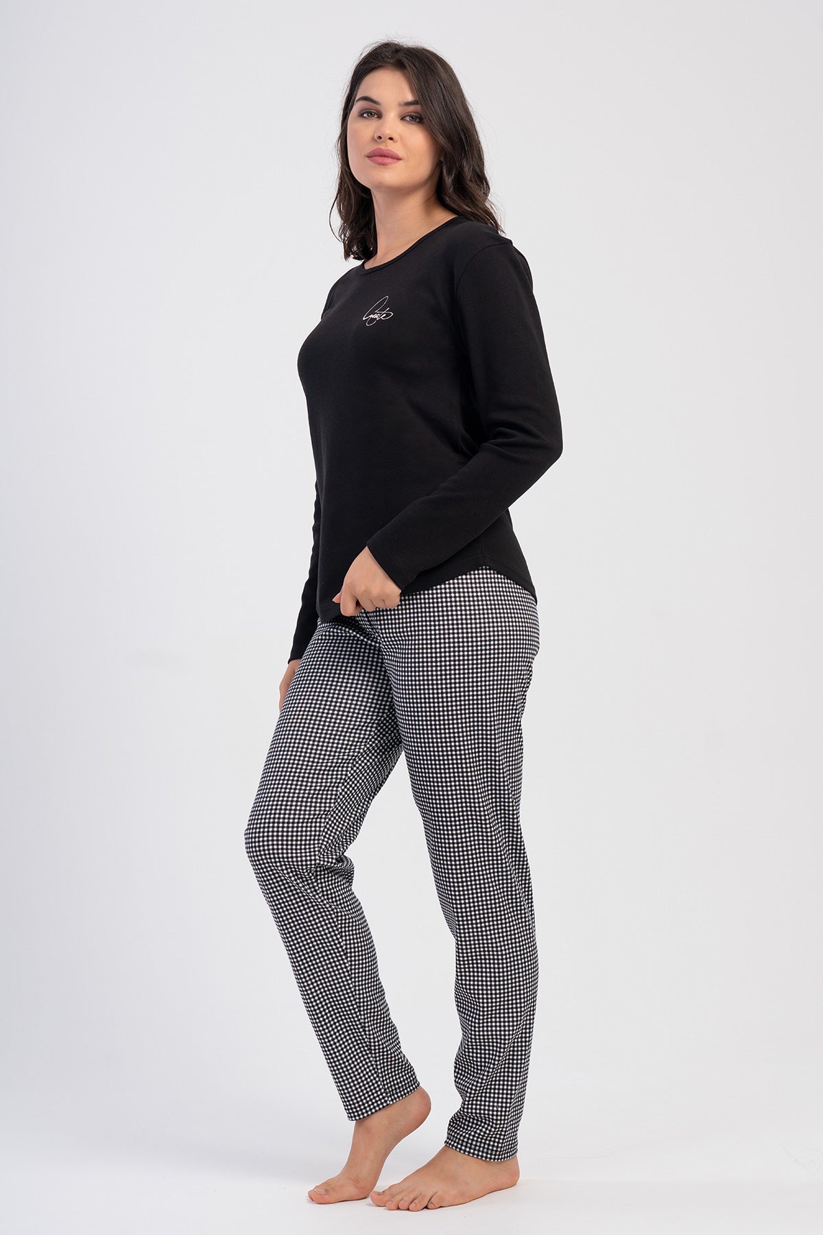 Pijama damă cu mânecă lungă, guler oval, tiv oval, cu interlock - Negru