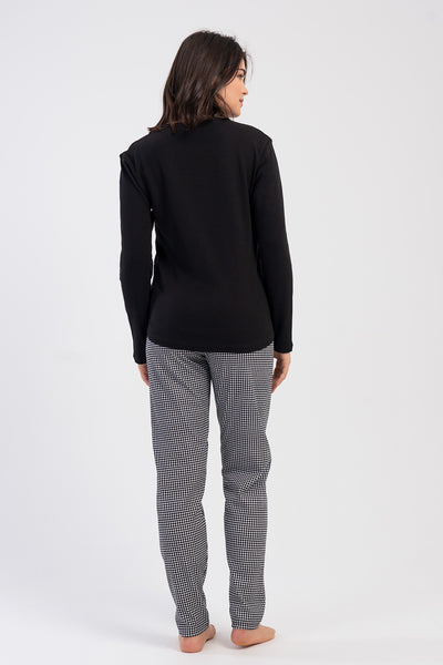 Pijama damă cu mânecă lungă, guler oval, tiv oval, cu interlock - Negru
