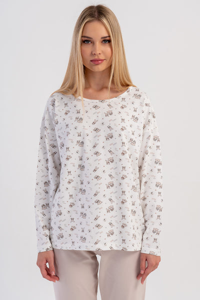 SET PIJAMALE DAMĂ LYC SUPREM CU GULER ROTUND, UMERI CĂZUȚI, MÂNECI LUNGI ȘI BUZUNARE - CREM