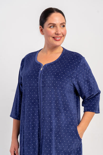 ROCHIE DE CASĂ DE DAMĂ, DIN CATIFEA DE BUMBAC, MĂRIMEA XXL, CU MÂNECĂ 3/4, BUZUNARE ȘI FERMOAR - BLEUMARIN