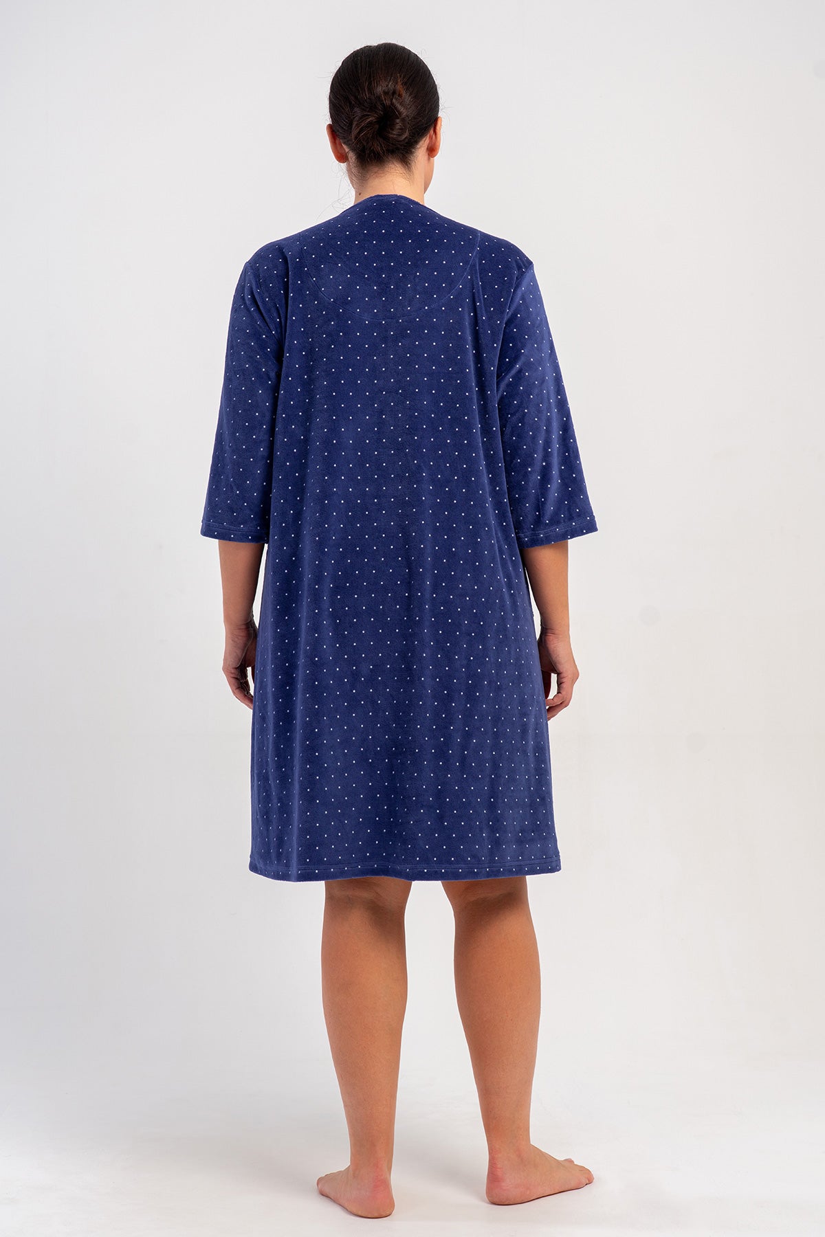 ROCHIE DE CASĂ DE DAMĂ DIN CATIFEA DE BUMBAC MĂSURI MARI XXL, CU MÂNECĂ 3/4, BUZUNARE ȘI FERMOAR - BLEUMARIN