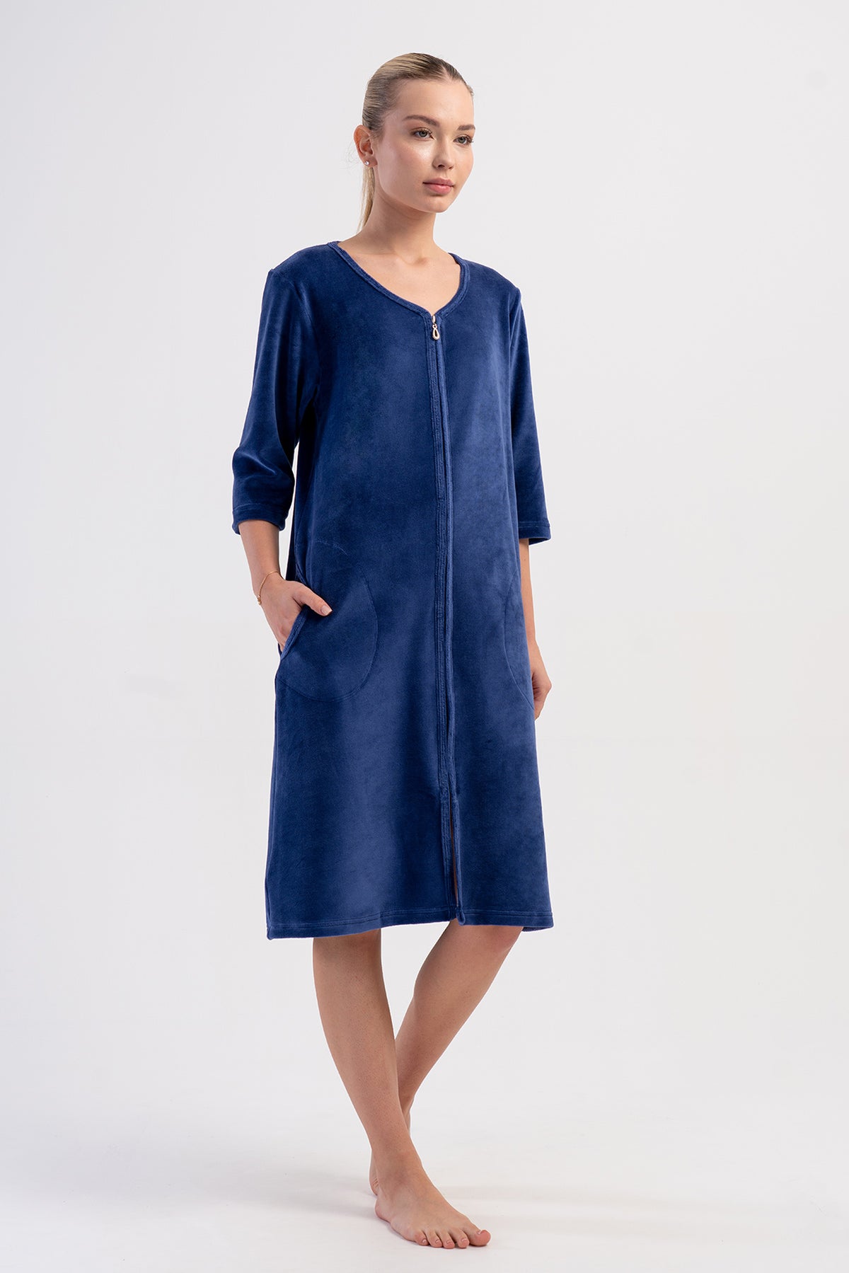ROCHIE DE CASĂ DE DAMĂ, DIN CORDUROY DE BUMBAC, CU MÂNECĂ 3/4, CU FERMOAR ȘI BUZUNARE - BLEUMARIN