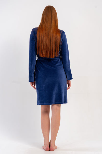 HALAT LUNG DE DAMĂ CU GULER ȘAL, MÂNECĂ LUNGĂ, BUZUNARE, DIN VELUR DE BUMBAC - BLEUMARIN