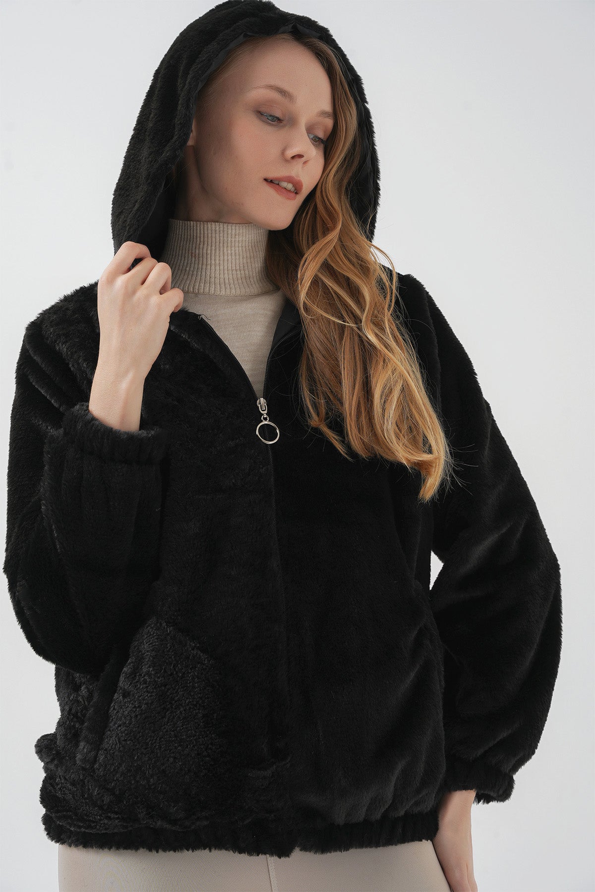 5091 Kapşonlu Kürklü İçi Astarlı Mont - Siyah