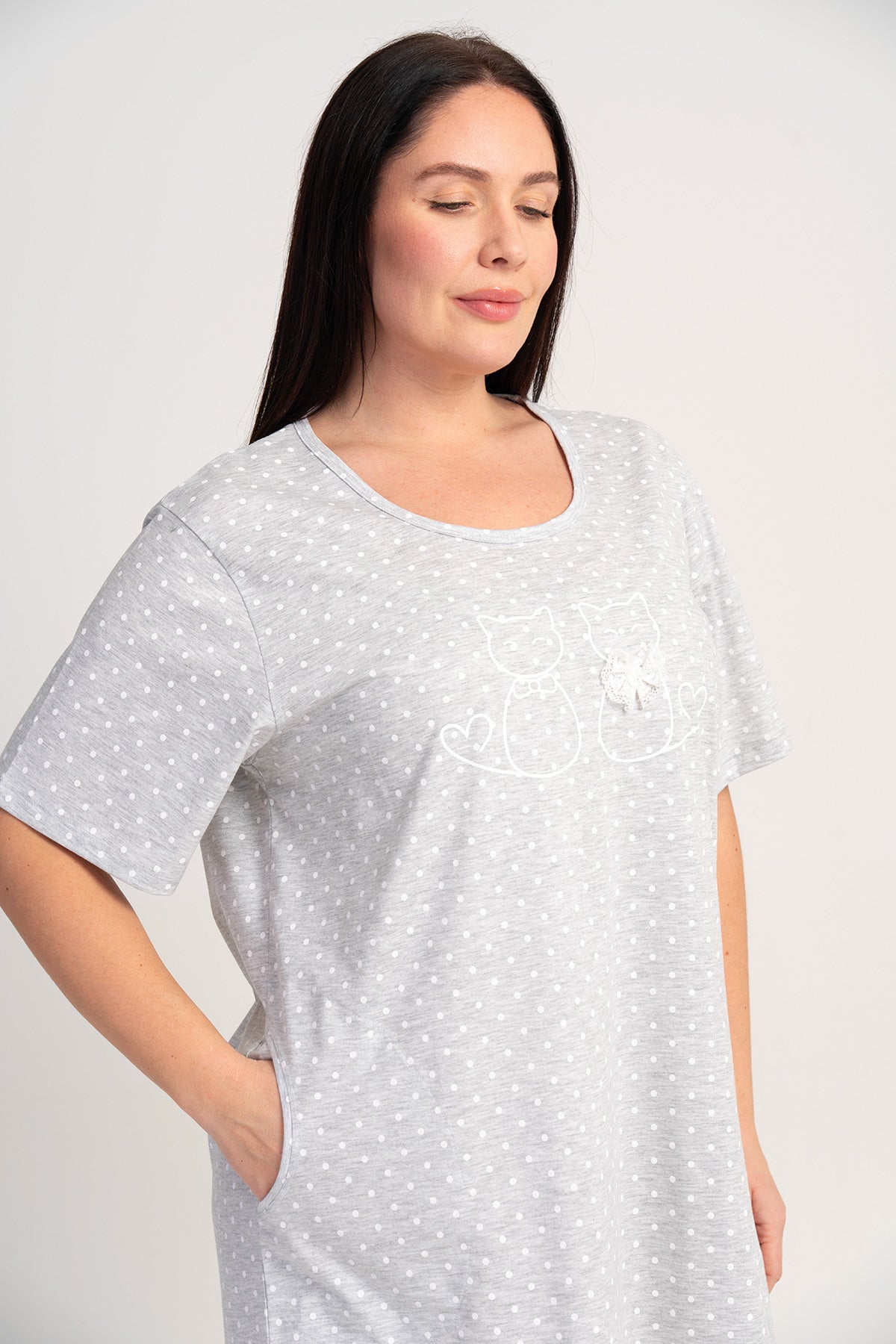 Kadın Penye Süprem Xxl O Yaka Kısa Kol Eteği Oval Cepli Tunik - Gray Melange
