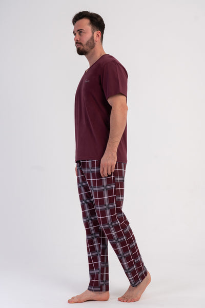 SET PANTALONI SCURȚI PIJAMALE BĂRBAȚI CU BUZUNAR P.SUPREM XXL CU GULER ÎN V, MÂNECĂ SCURTĂ - BORDO