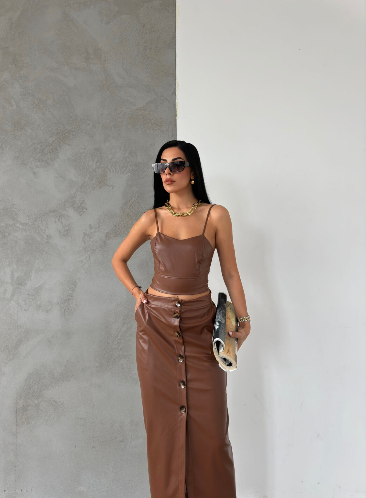 Coffee Leather-Cupped Crop Top