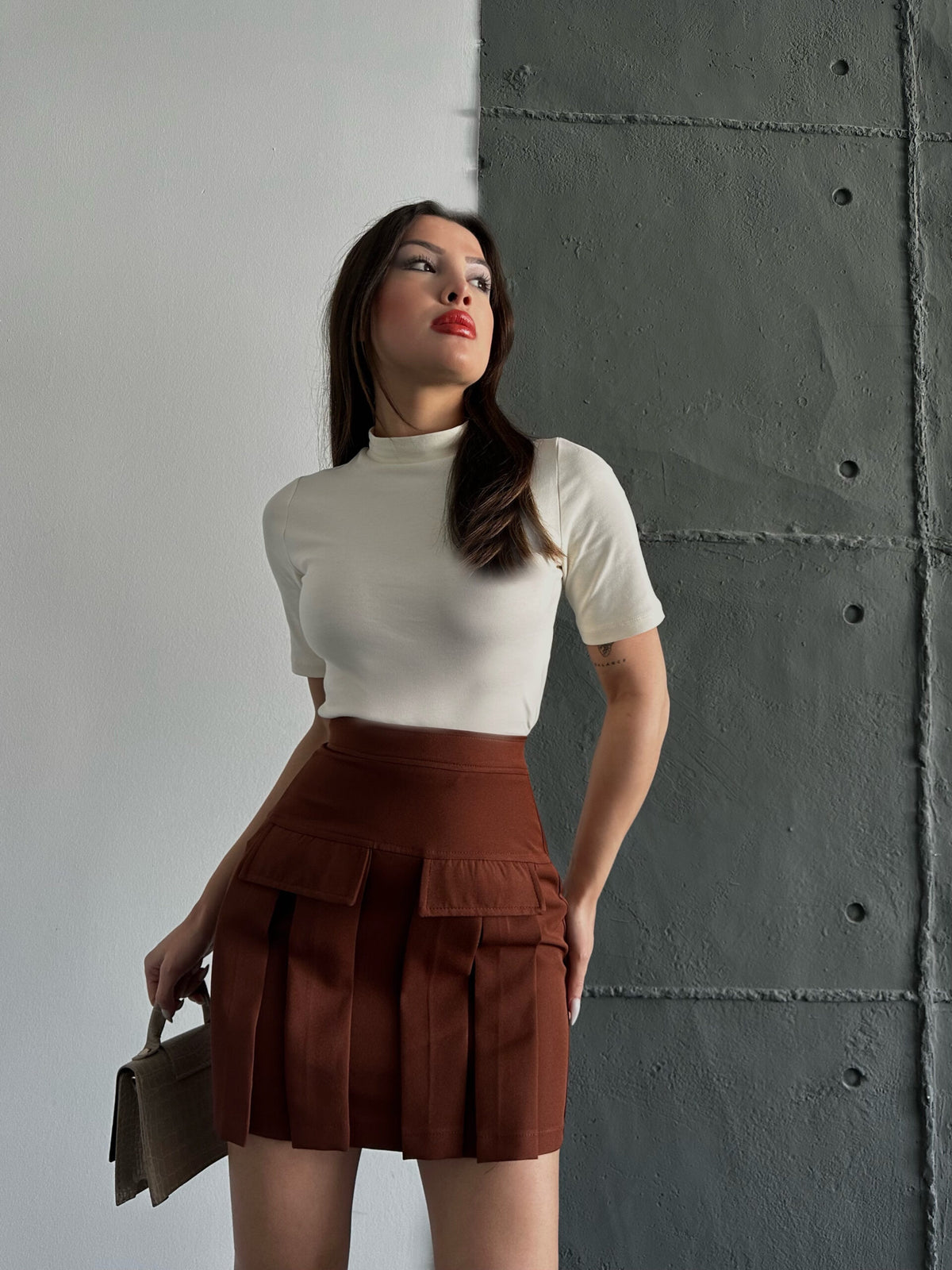 Pocket Pleated Mini Satin Skirt