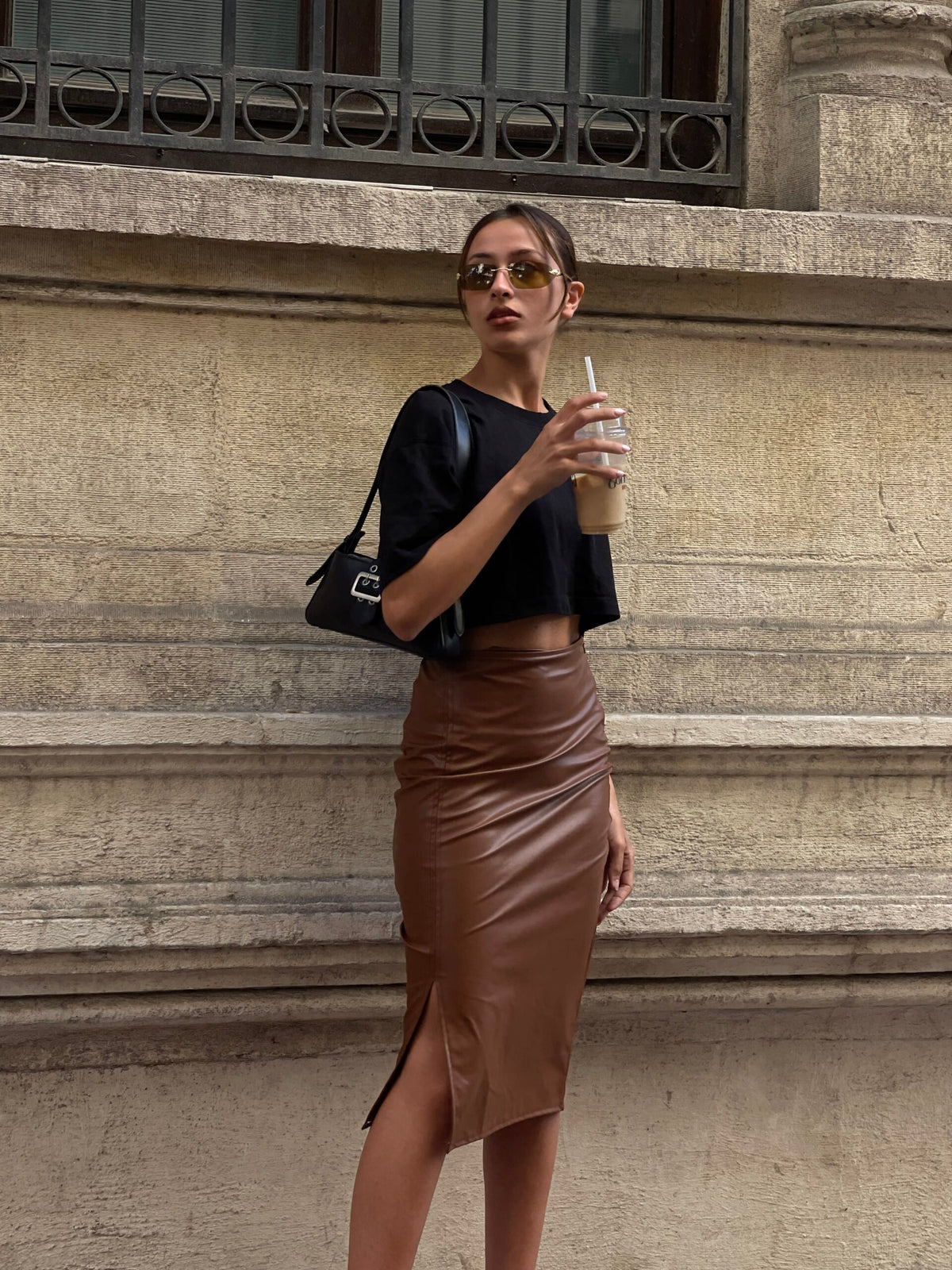 Coffee Front Slit Leather Pencil Skirt