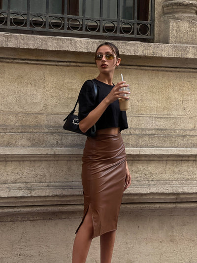 Coffee Front Slit Leather Pencil Skirt