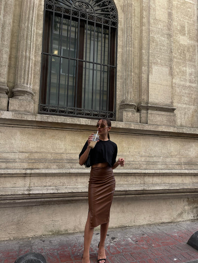 Coffee Front Slit Leather Pencil Skirt