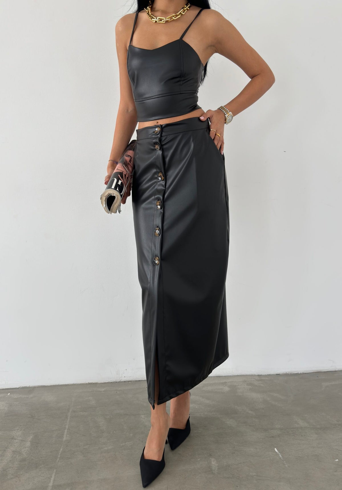 Black Full-Button Leather Midi Skirt