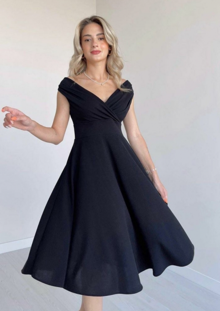 Rochie creponată cu mânecă scurtă, decolteu petrecut și fustă cu volane, 35562