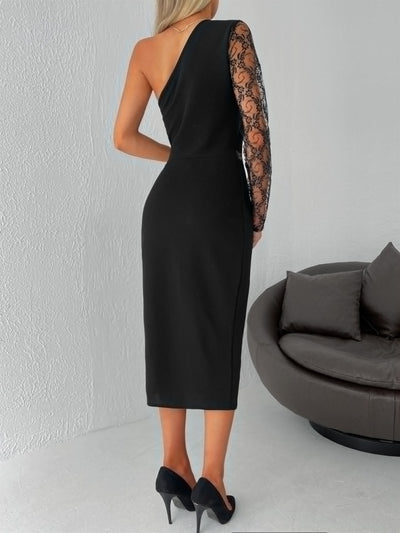 Kadın Siyah Tek Kol Dantel Detay Omuz Dekolte Krep Elbise , 31192