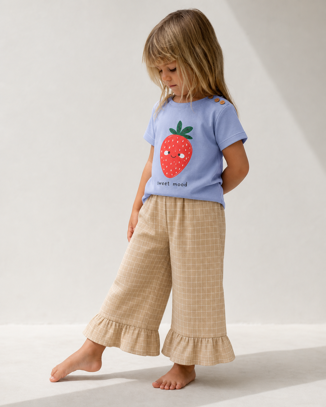 Kız Bebek Fırfırlı Paça Pantolon | 6 Ay–4 Yaş | Müslin & Pötikare | Bej & Mavi | RG379 - MAVİ