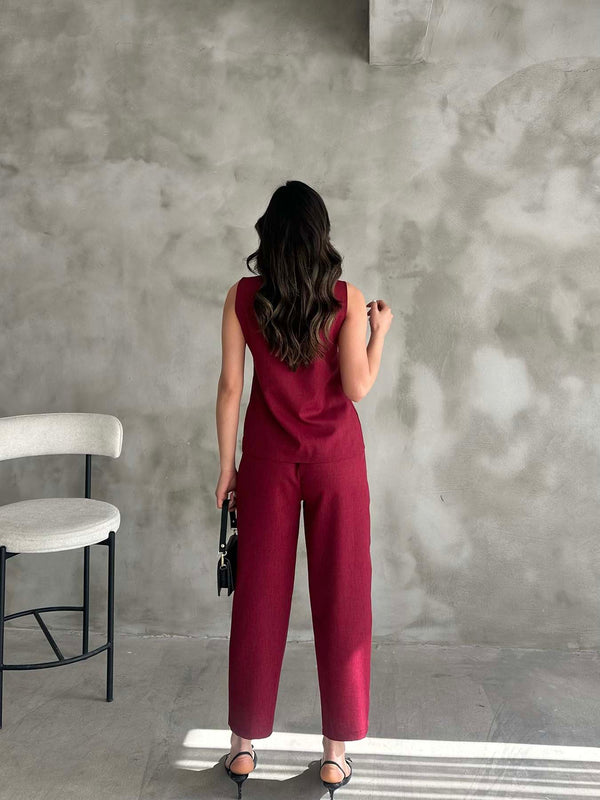Set vestă și pantaloni plisați aurii vișini