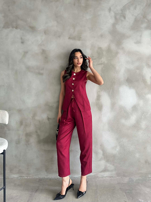 Set vestă și pantaloni plisați aurii vișini