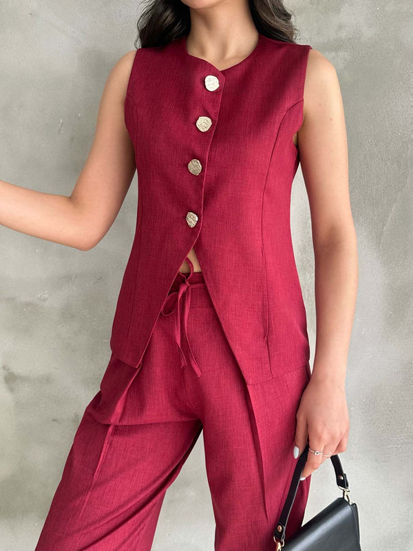 Set vestă și pantaloni plisați aurii vișini
