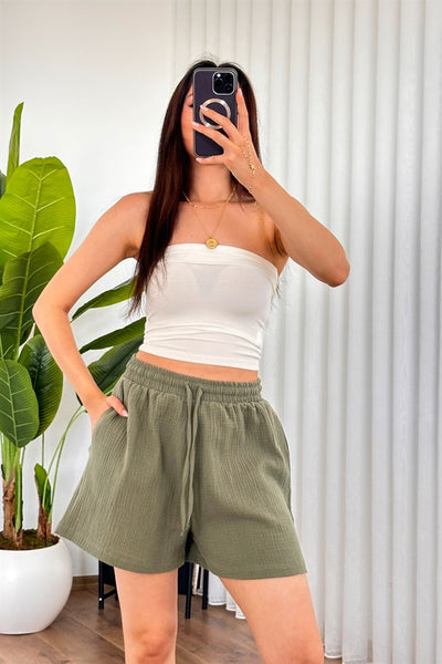 Pantalon Scurt Muselină cu Buzunare Kaki Marfă Model Scurt