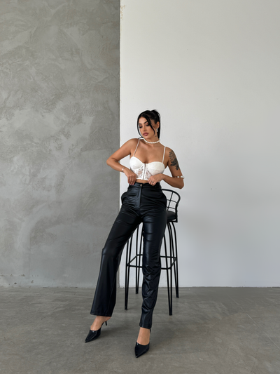 Black Palazzo Leather Trousers