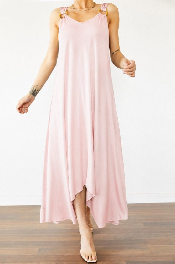 Rochie Maxi Viscozë cu Spaghete, Gât V, Detaliu Inel, Tăiere Asimetrică, 37014