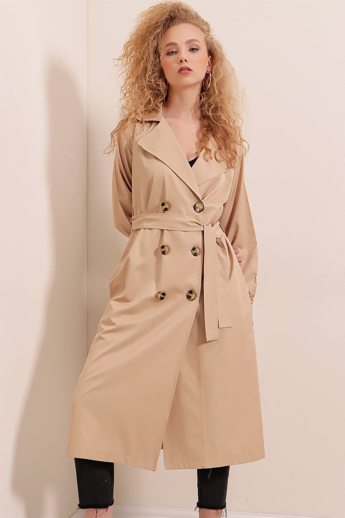 5853 Kruvaze Yaka Trençkot - Vizon