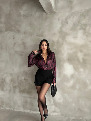 Bordo Leopar Desenli Saten Oversize Gömlek