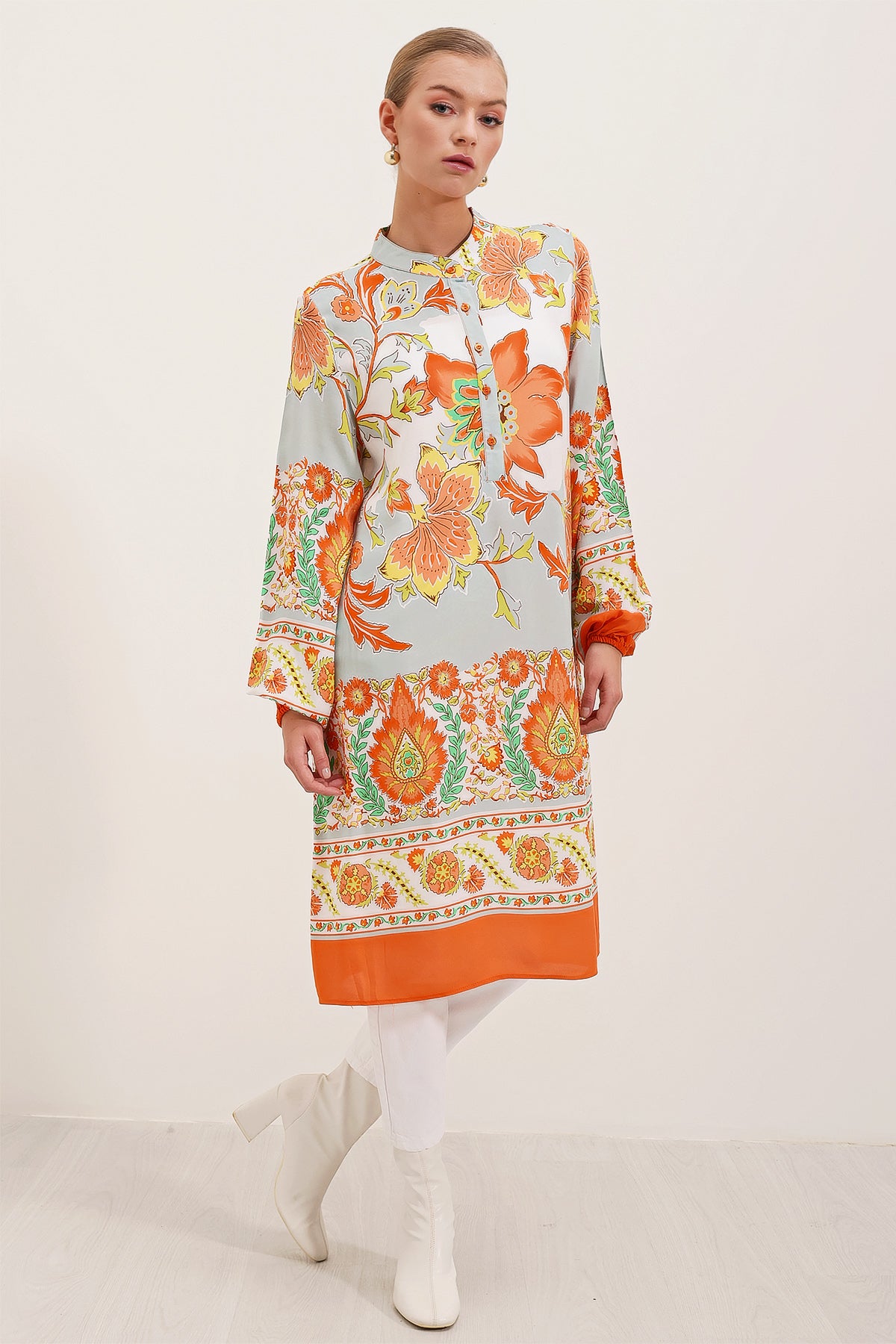 5903 Rochie din viscoză cu model - Portocaliu
