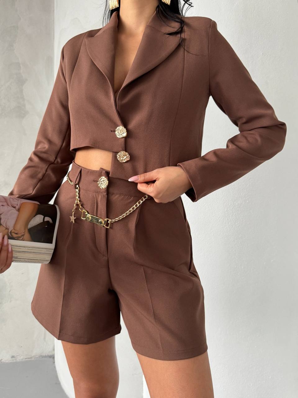 Chain Belt Jacket Shorts Set - Brown