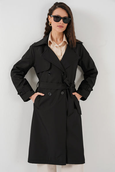 5918 Kruvaze Yaka Trençkot - Siyah