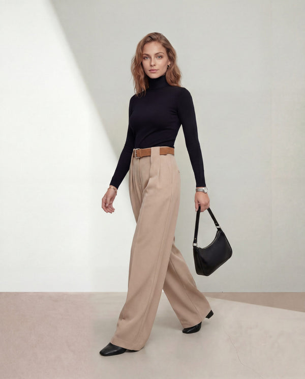 Pantaloni bej cu curea și croială