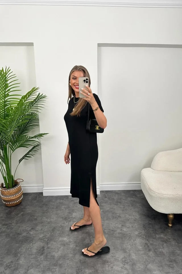 Women's Loose-fitting Viscose Dress with Slit Detail, Short Sleeve, 32713