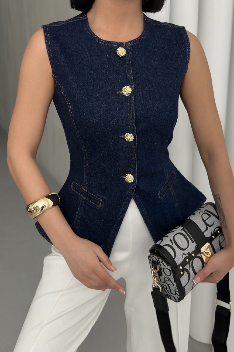 Vestă din denim cu nasturi și croială la talie 6086