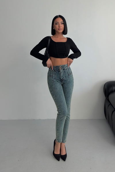 Pantalon Denim Skinny cu Pliseu 7053